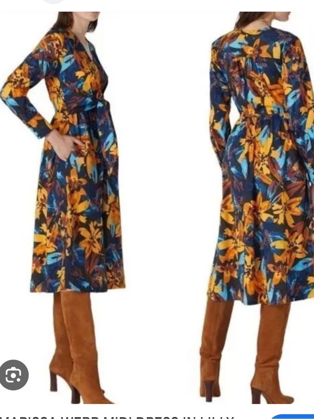 Marissa Webb Navy Wrap Midi Dress with Yellow & Blue Floral Print